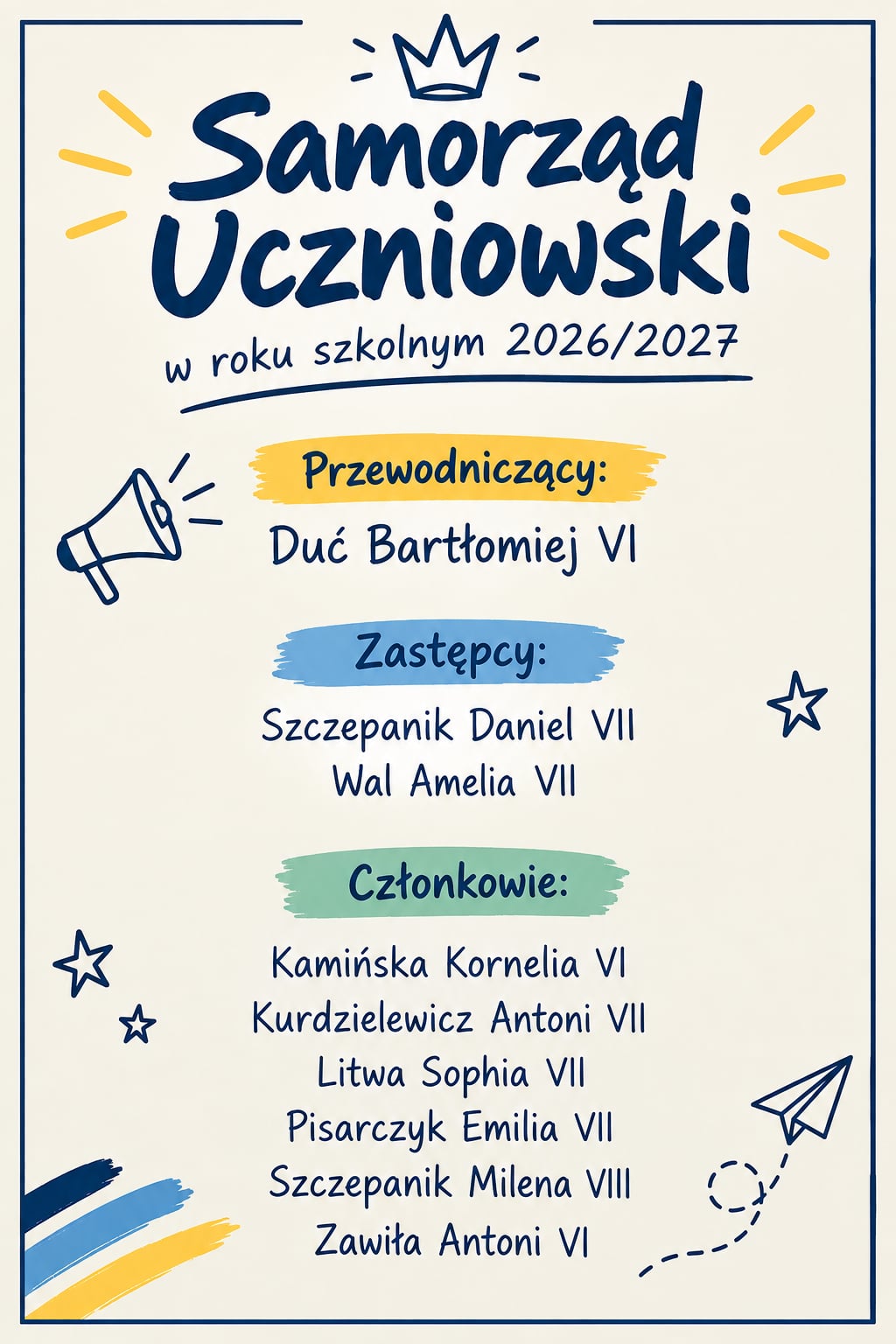 Skład Samorządu Uczniowskiego w roku szkolnym 2026/2027